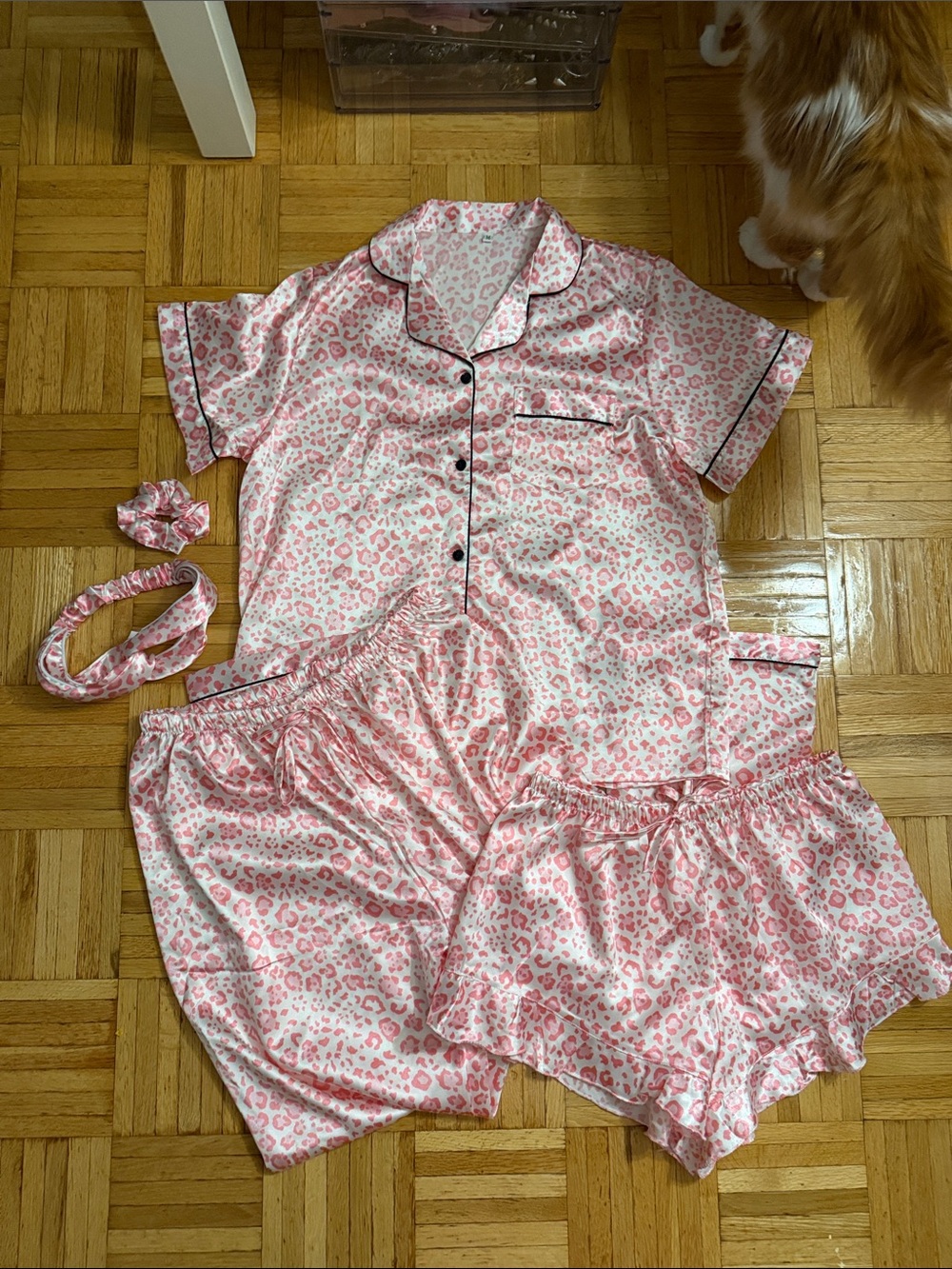 Pink Leopard Satin Pajama Set with Headband & Scrunchie